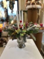 ARANJAMENT IN CUPA METALICA  ARGINTIE CU  LUMANARI SI ACCESORII